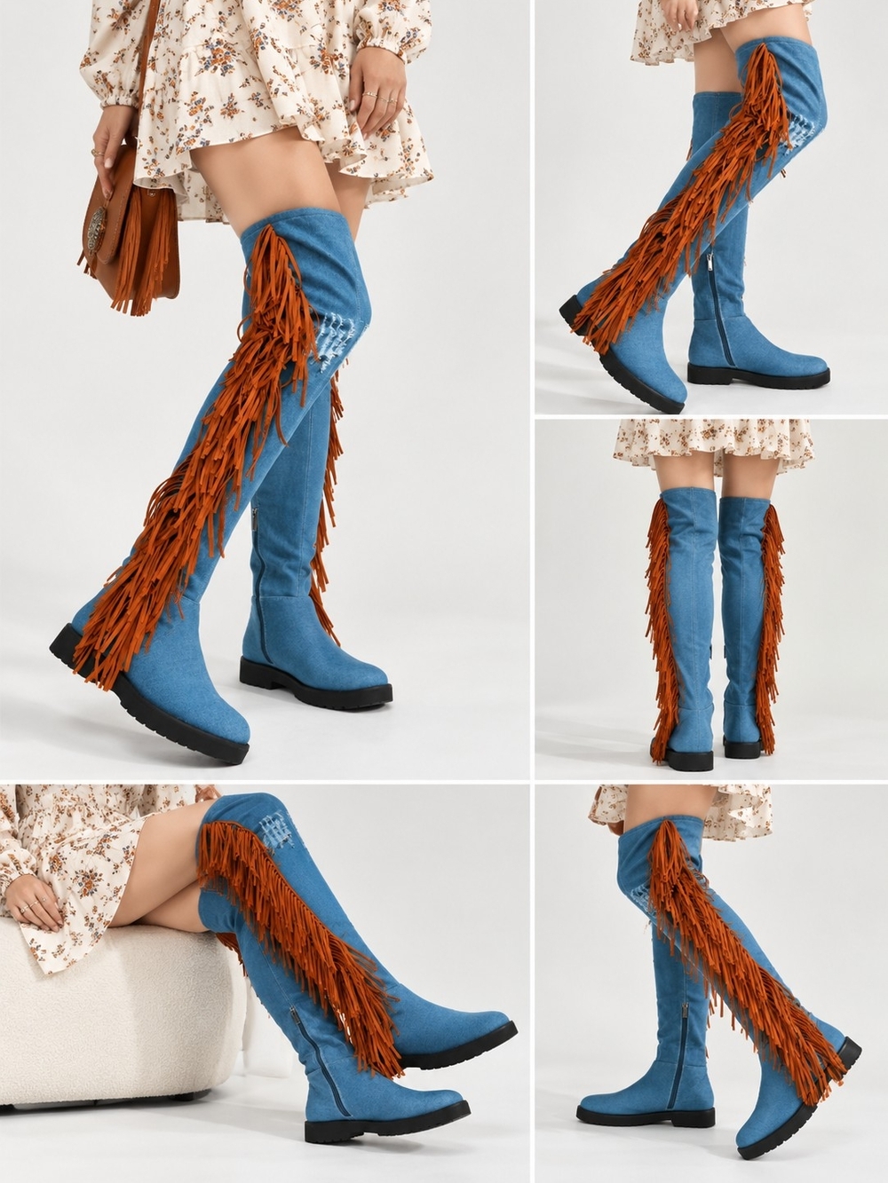 Boho Denim Over-the-Knee Fringe Boots – Blue & Brown